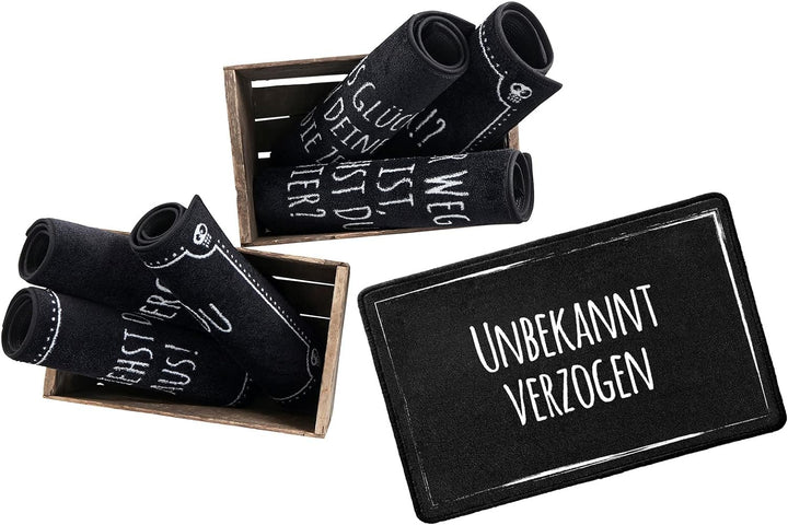 Pechkeks Fussmatte mit Spruch „Unbekannt verzogen. “ (Grösse 67x43 cm; rutschfest, waschbar, schwarz