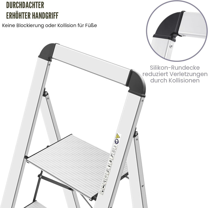 KINGRACK Stufenleiter, Trittleiter Stufen, Klapptrittleiter mit Handlauf, rutschfeste Haushaltsleite