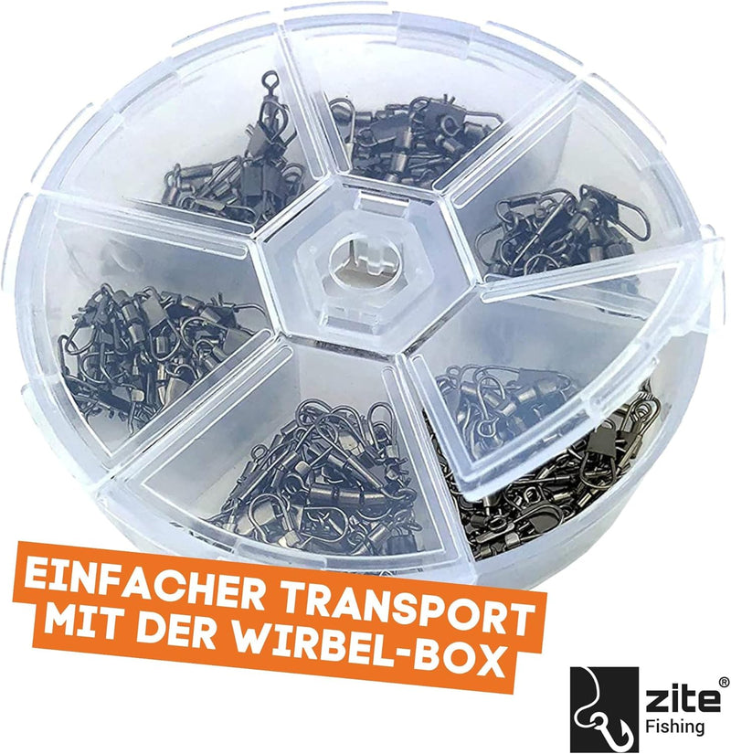 Zite Fishing Dreifach-Wirbel Sortiment 60 Stück - Inklusive praktischer Sortier-Box - Angelwirbel-Se