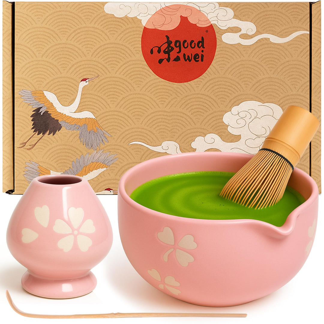 Goodwei Matcha Latte Set aus Keramik – Matchaschale mit Ausgiesser, Matchabesen, Besenhalter & Bambu