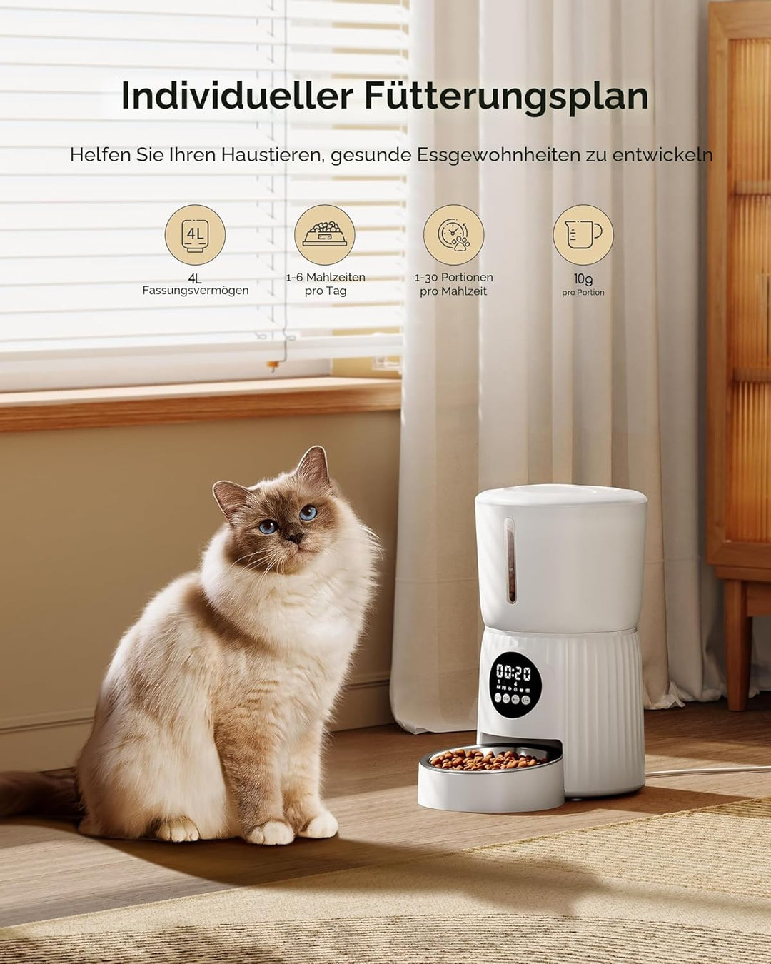 Faroro 4L Futterautomat Katze, Katzenfutter Automat mit Timer, Futterspender für Hunde mit Edelstahl