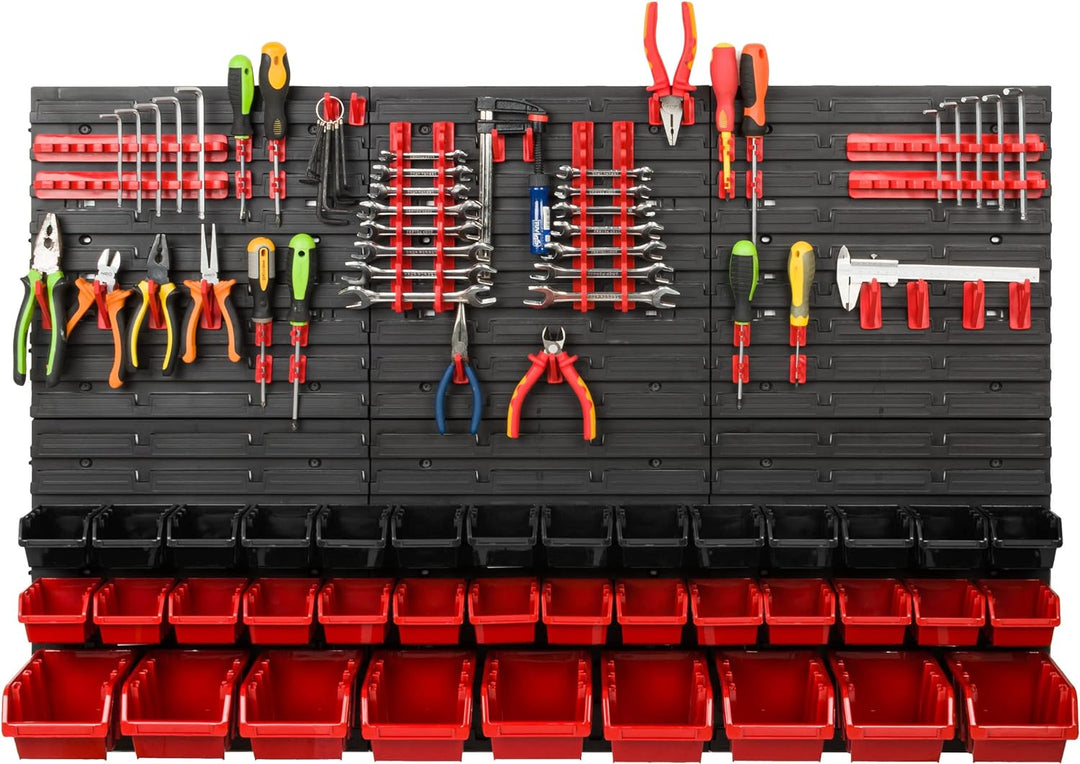Lagersystem Werkstattregal | 117 x 78 cm | 37 stck. Box | Wandregal mit Werkzeughalterungen und Stap