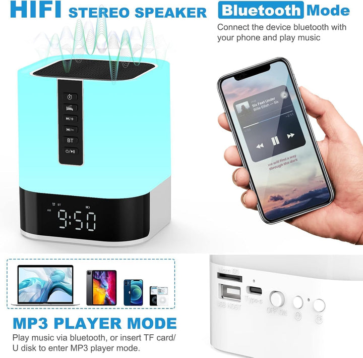 Tragbar Bluetooth Lautsprecher mit Licht, Digital Wecker, MP3-Player, White Noise Machine, Sleep Aid