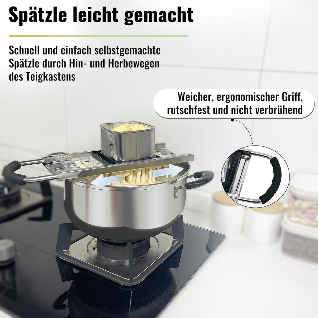 SPEENSUN Spätzlehobel+Schöpflöffel [Topf Ø von 16-30cm] mit Gummigriff Spülmaschinenfest,Spätzlereib