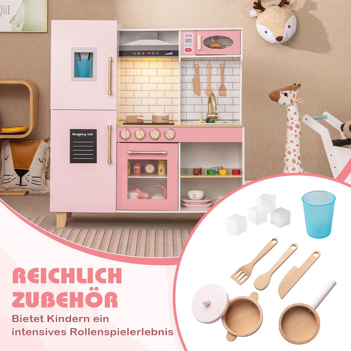 DREAMADE Kinderküche Holz mit 10 TLG. Zubehör, Holzküche Kinder Küche mit Herd Dunstabzugshaube Eism