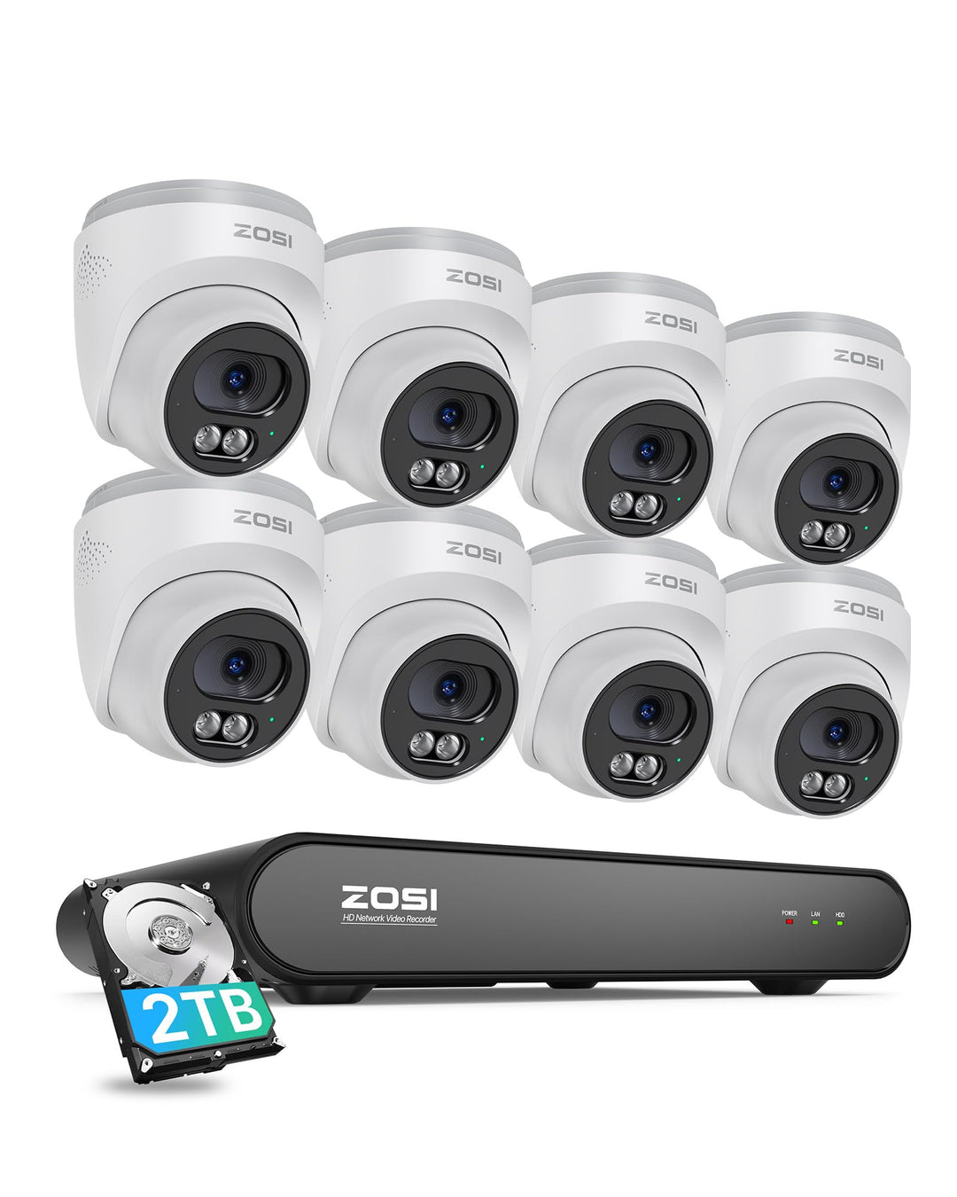 ZOSI 2,5K PoE Überwachungskamera Aussen Set, 8CH 5MP NVR mit 2TB HDD, 8X 4MP PoE Dome Kamera Überwac