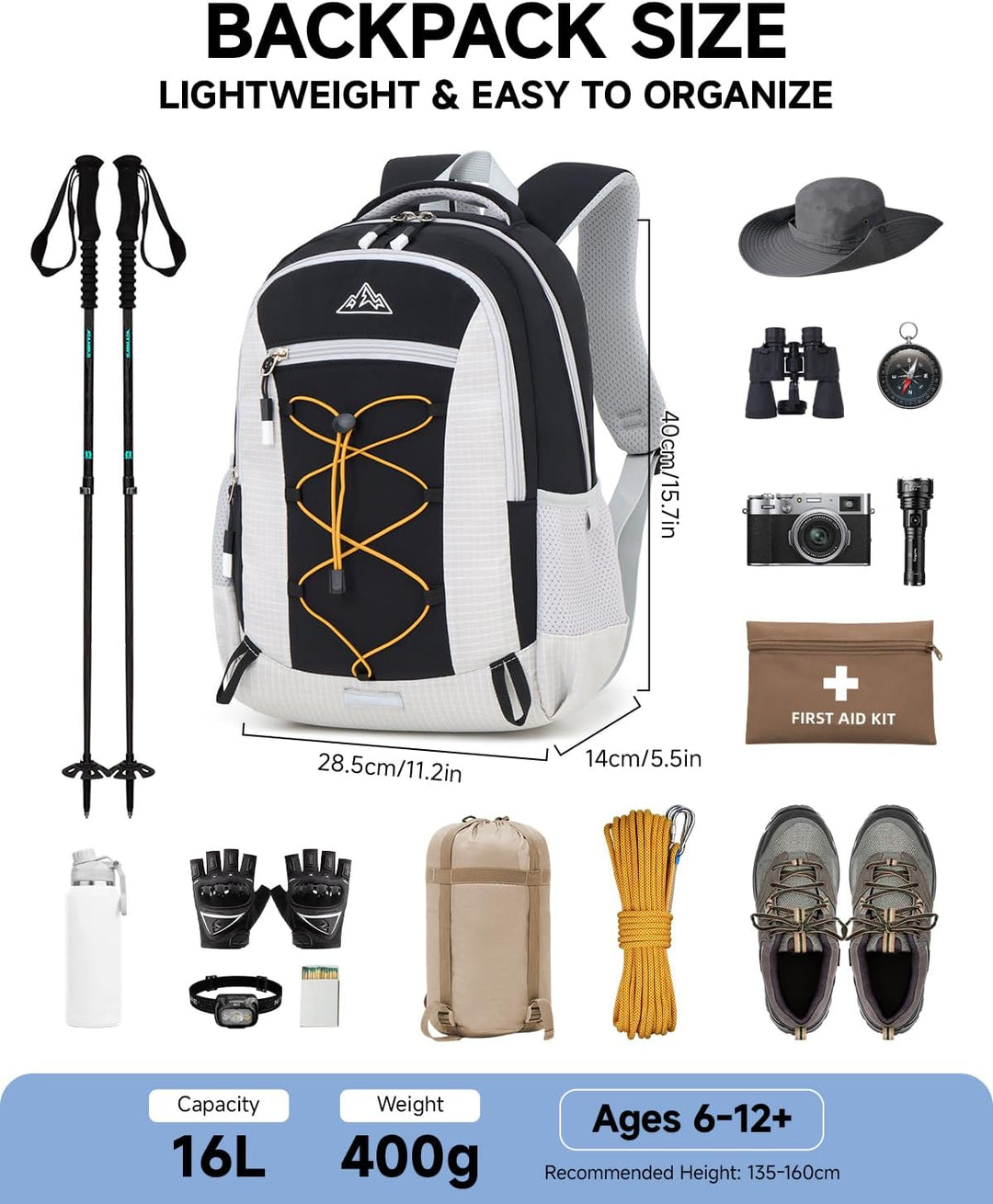Amythe Outdoor Schulrucksack für Jungen Mädchen ab 6 Jahren, Wanderrucksack Kinder 1. - 5. Klasse, W