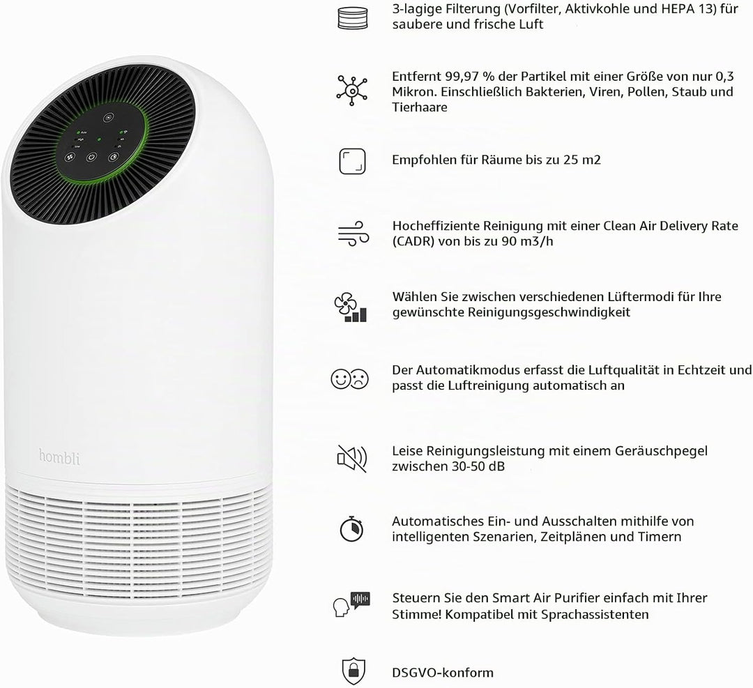 Hombli Smart Air Purifier mit 3 Lagen-Filterung, HEPA 13, Luftreiniger, ultraleise, App-, Sprachsteu