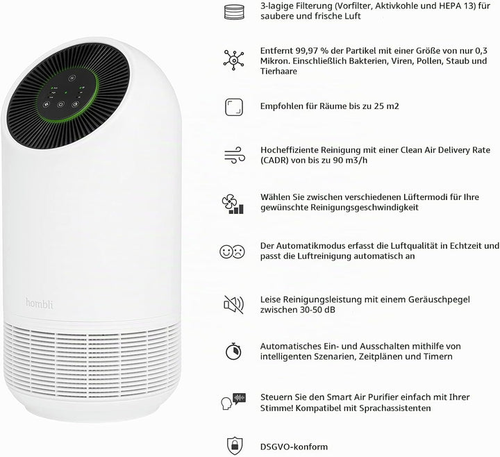 Hombli Smart Air Purifier mit 3 Lagen-Filterung, HEPA 13, Luftreiniger, ultraleise, App-, Sprachsteu