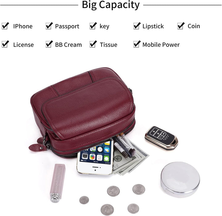 HAWEE Damen Handy Umhängetasche Echtes Leder Crossbody Schultertasche mit 3 Reissverschlüsse Kleine