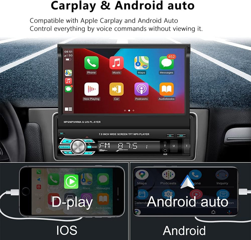 Podofo Autoradio 1 Din mit Apple Carplay und Android Auto, 7 Zoll Bildschirm Autoradio mit Bluetooth