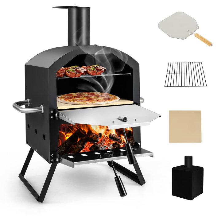 COSTWAY Outdoor Pizzaofen, 2-lagigem Pizza Ofen mit Grillrost, Pizzastein, Pizzaschaufel, wasserdich