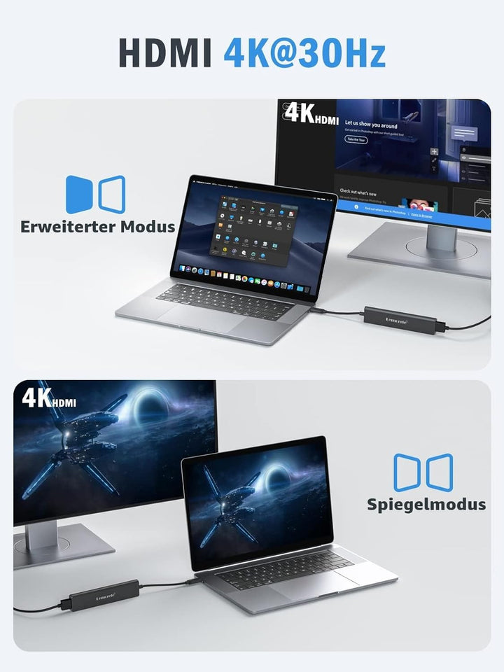 Lemorele USB-C-Hub, 7-in-1-Adapter mit HDMI 4K @ 30Hz, 100 W PD-Aufladung, 1 USB 3.0 5 Gbit/s Datena