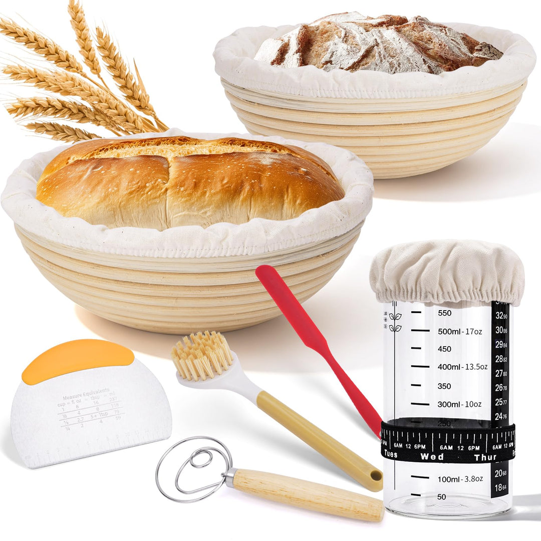Rattan Gärkörbchen Set, Sauerteig Starter Set, 2x 9 Zoll Rundes Brotgärkörbchen mit Leinen-Einsätzen