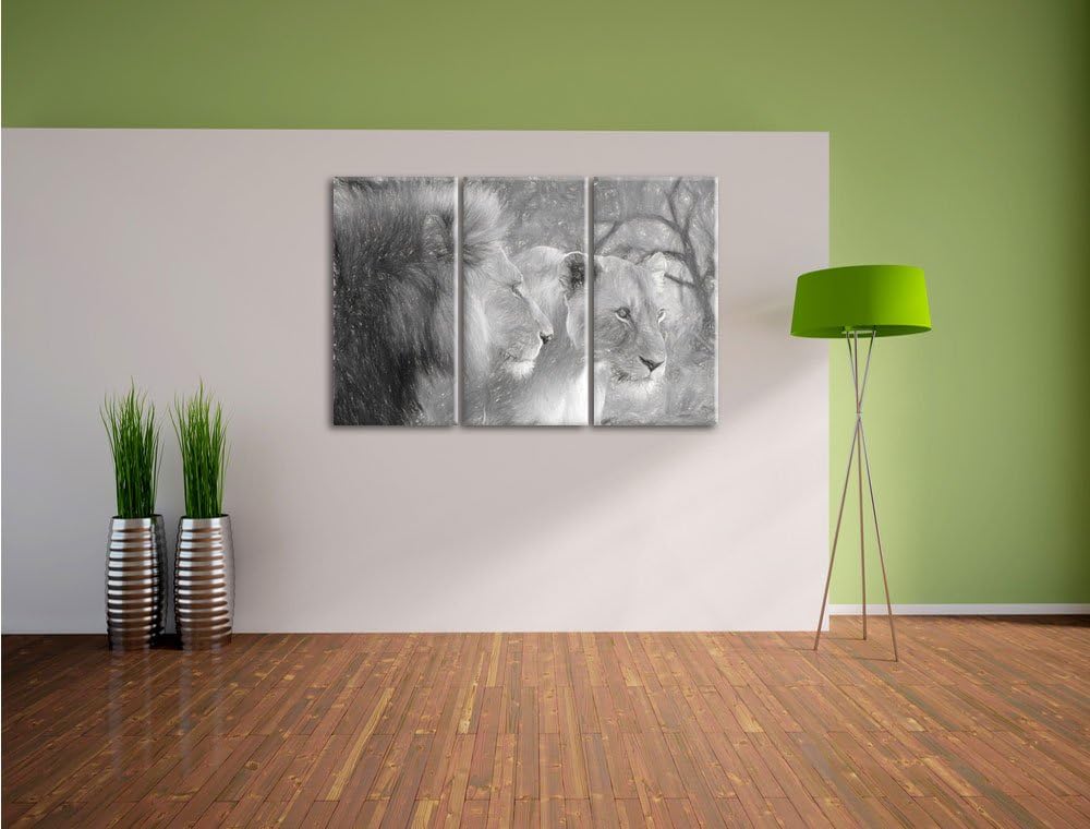 Pixxprint stolzes Löwenpaar Kunst als Leinwandbild | Grösse: 3 Teilig (120x80) | Wandbild| Kunstdruc