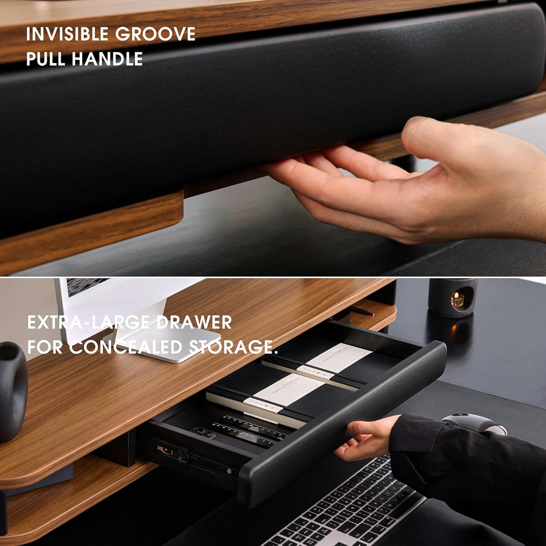 Fenge Dual Monitorständer mit Schublade, 108cm Bildschirmerhöhung mit Aluminiumbeinen & Ledergriff,