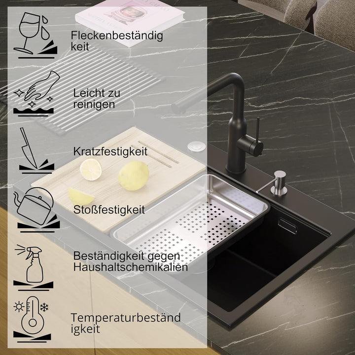 QUADRON | MARC-KÜCHE | EINZELKAMMER | SPENDER | SCHNEIDEBRETT | KAPAZITÄTSKAMMER | ABMESSUNGEN 76 x