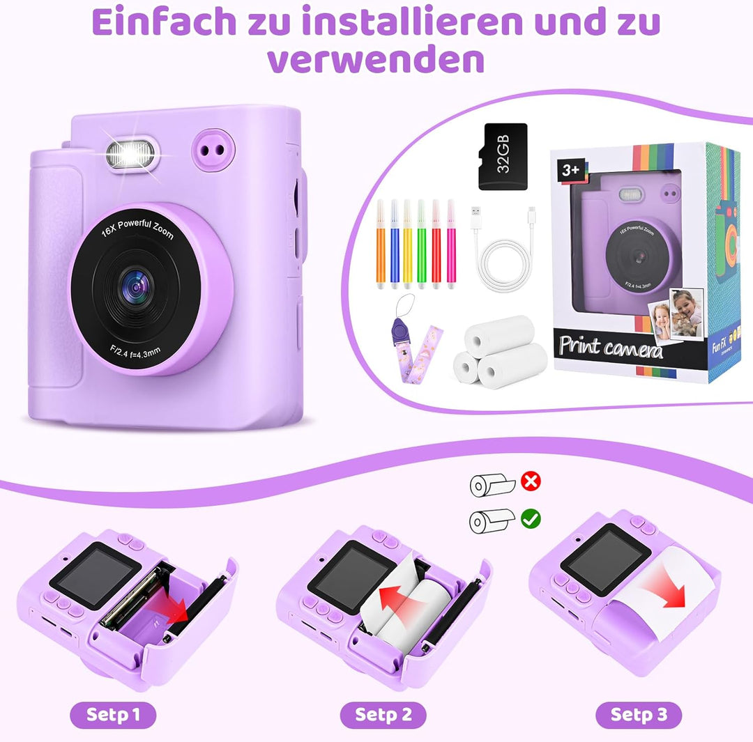Kinderkamera Sofortbildkamera, Ambesty Digitalkamera für Kinder mit Druckpapier 32G TF Karte, 2,4 Zo