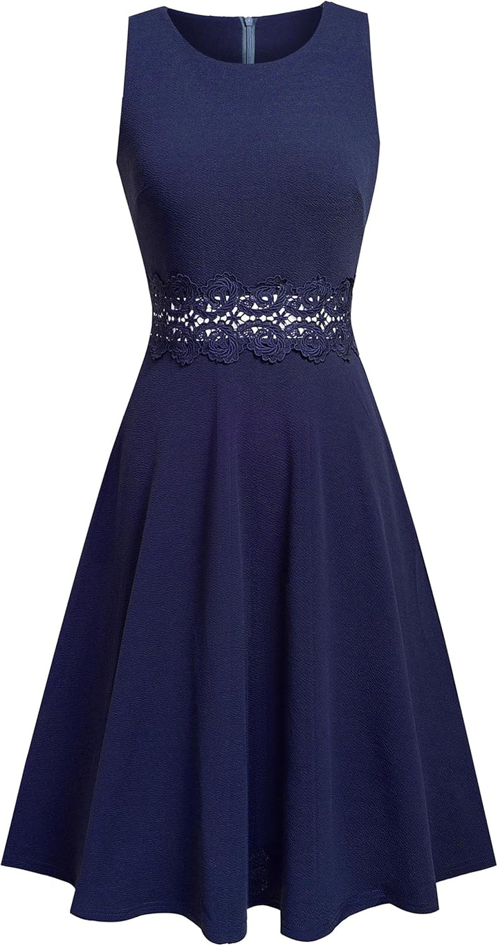 HOMEYEE Damen Vintage Rundhalsausschnitt Blumen Bestickt Knielang Elegant Cocktailkleid UKA079 S Dun