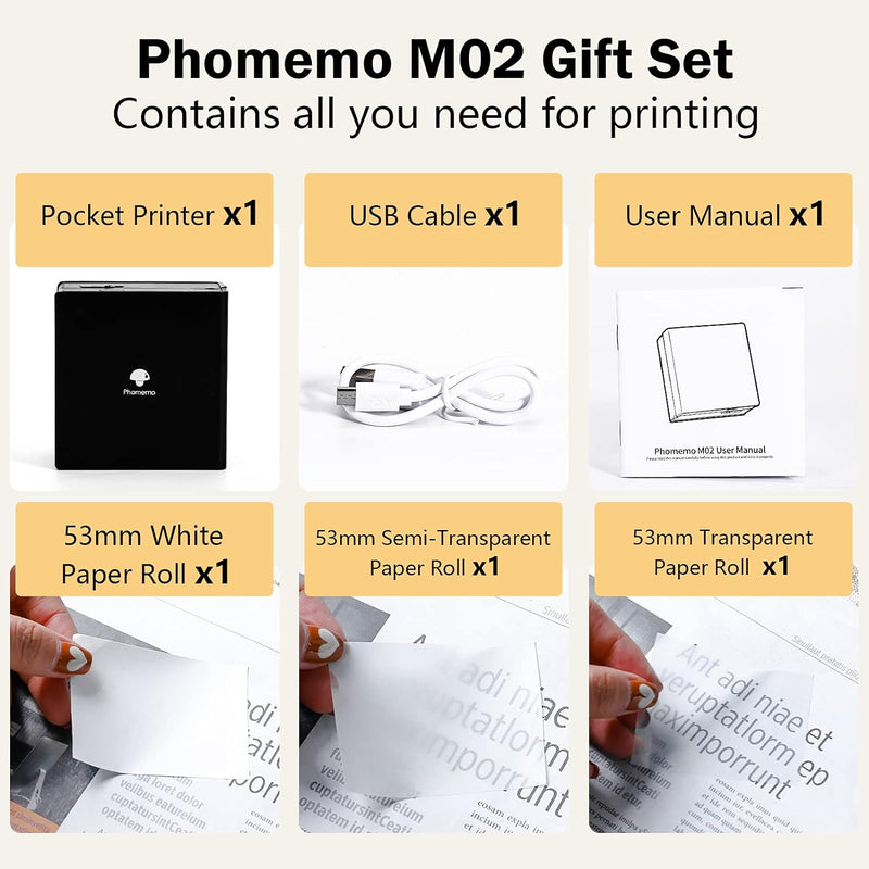 Phomemo Tragbarer Fotodrucker M02 Set 3 Papierrollen enthalten - Taschen-Thermodrucker Kleiner Bluet