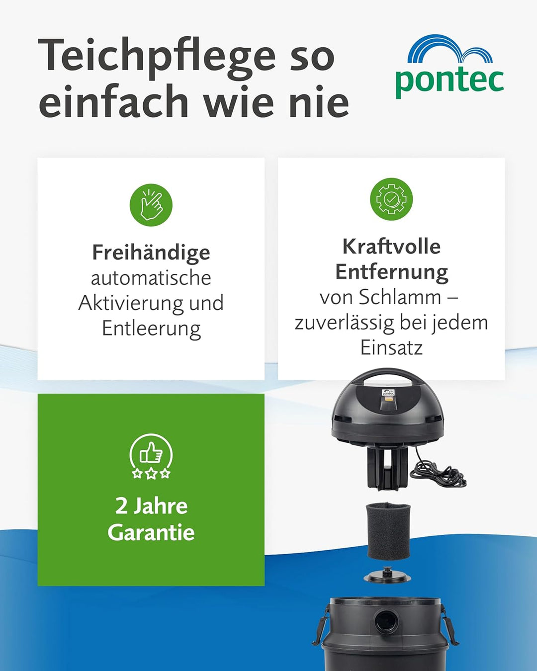 Pontec 50754 PondoMatic 1400 W, 3000 l/h - Teichschlamm-Sauger zur einfachen und effektiven Säuberun