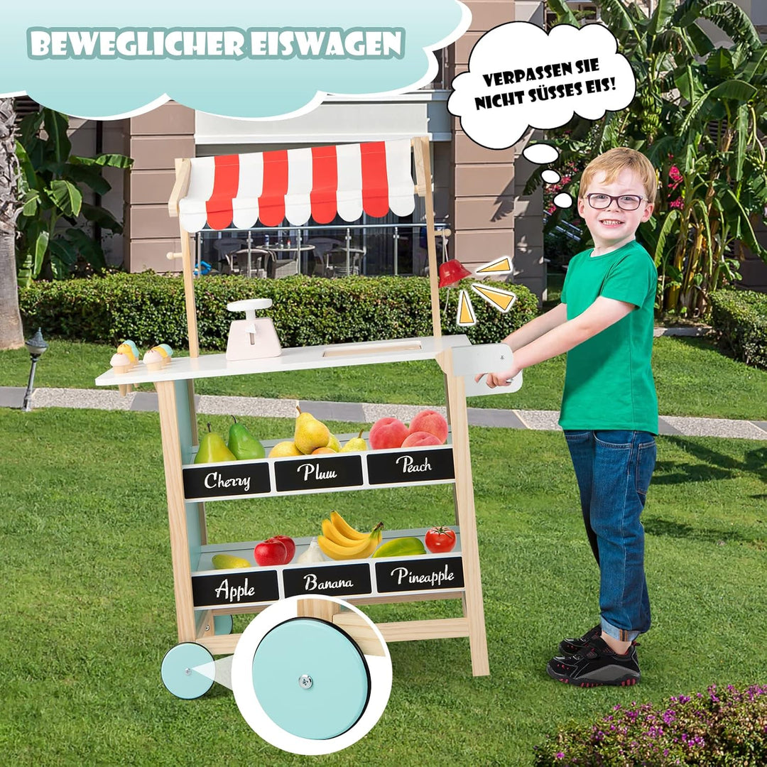 COSTWAY Kinder Eiswagen mit 6 Eiscreme, Kaufladen Holz mit 2 Ablagen, Einkaufswagen auf Rollen, inkl