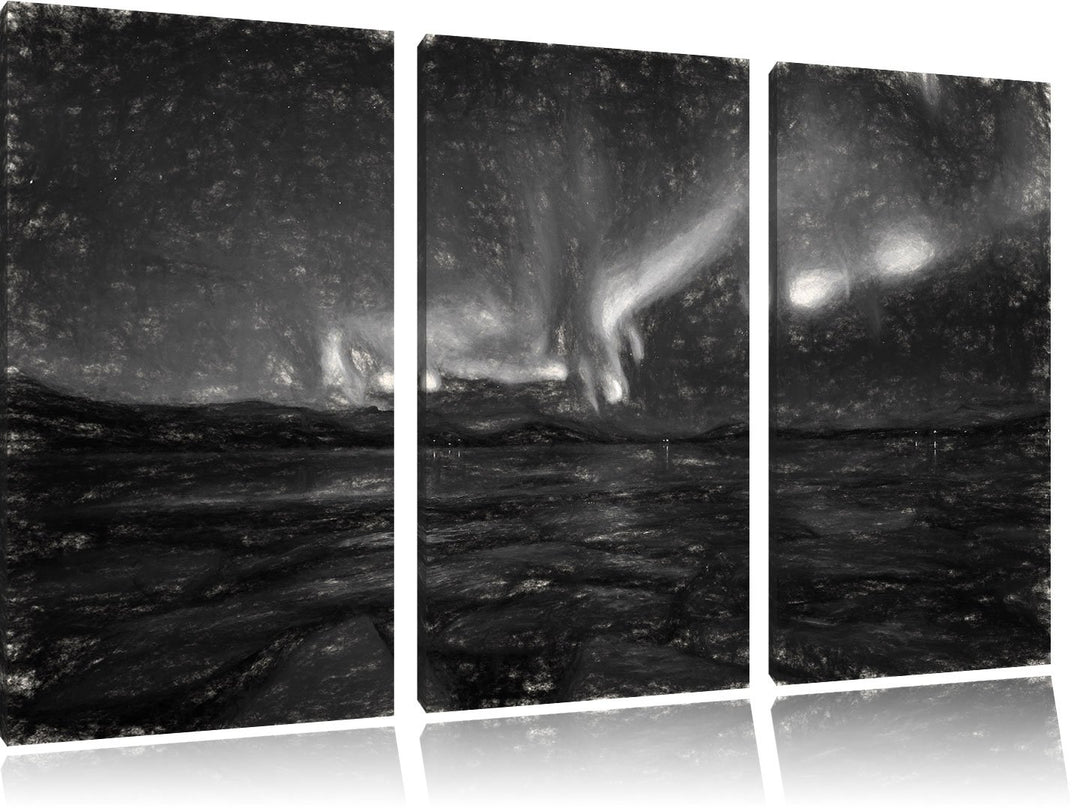 Pixxprint Polarlicht am Himmel Kunst Kohle Effekt 3-Teiler Leinwandbild 120x80 Bild auf Leinwand