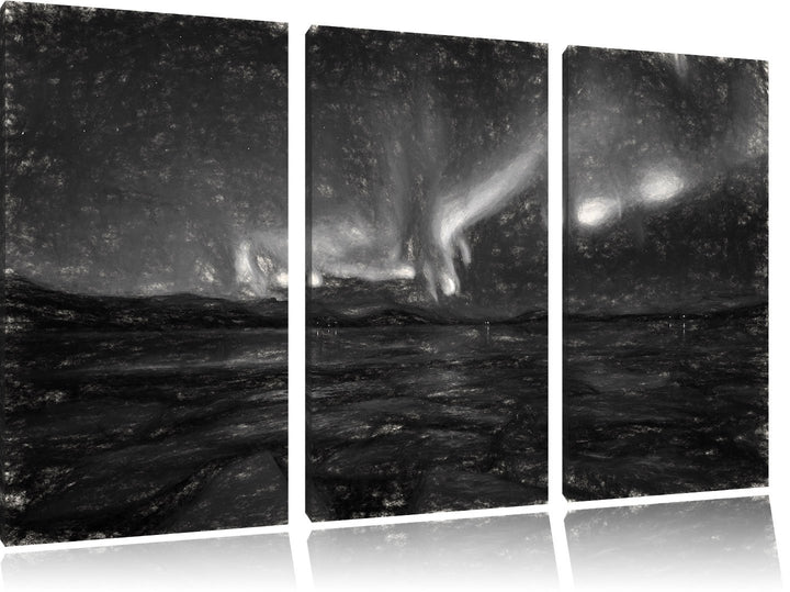 Pixxprint Polarlicht am Himmel Kunst Kohle Effekt 3-Teiler Leinwandbild 120x80 Bild auf Leinwand