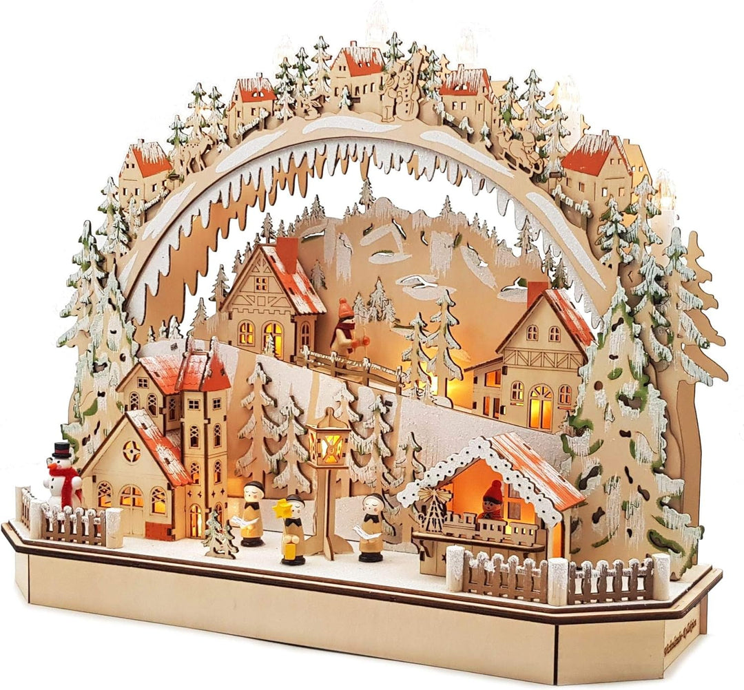 Wichtelstube-Kollektion Holzkunst LED Schwibbogen Bergdorf Erzgebirge Schwippbogen Lichterbogen Echt