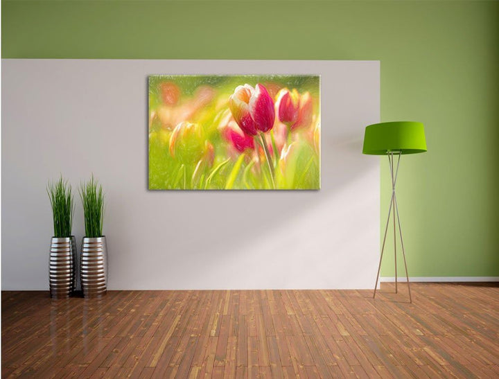 Pixxprint Blühende Tulpen als Leinwandbild/Grösse: 100x70 cm/Wandbild/Kunstdruck/fertig bespannt, 10