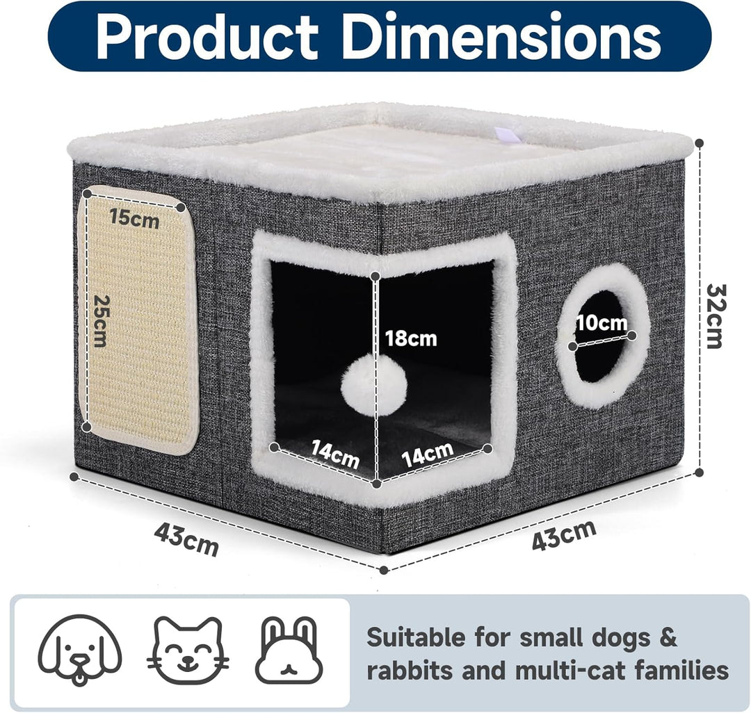 Faltbares Katzenhaus Indoor grosse Katzen, 43L x 43B x 32H cm Grosse Katzenhöhle mit Kratzbrett und