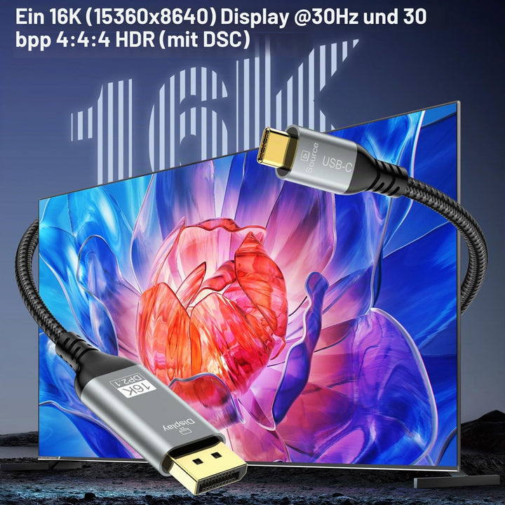 USB C auf DisplayPort 2.1 Kabel, 16K 30Hz 8K 60Hz 4K 240Hz, Thunderbolt 4/3 zu DP Cabel 40Gbps, komp