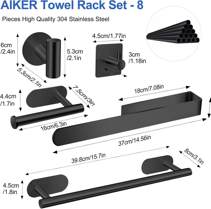 AIKER Handtuchhalter,8PCS Handtuchhalter Ohne Bohren Set,verdickter Hochwertiger Edelstahl 304 Badez