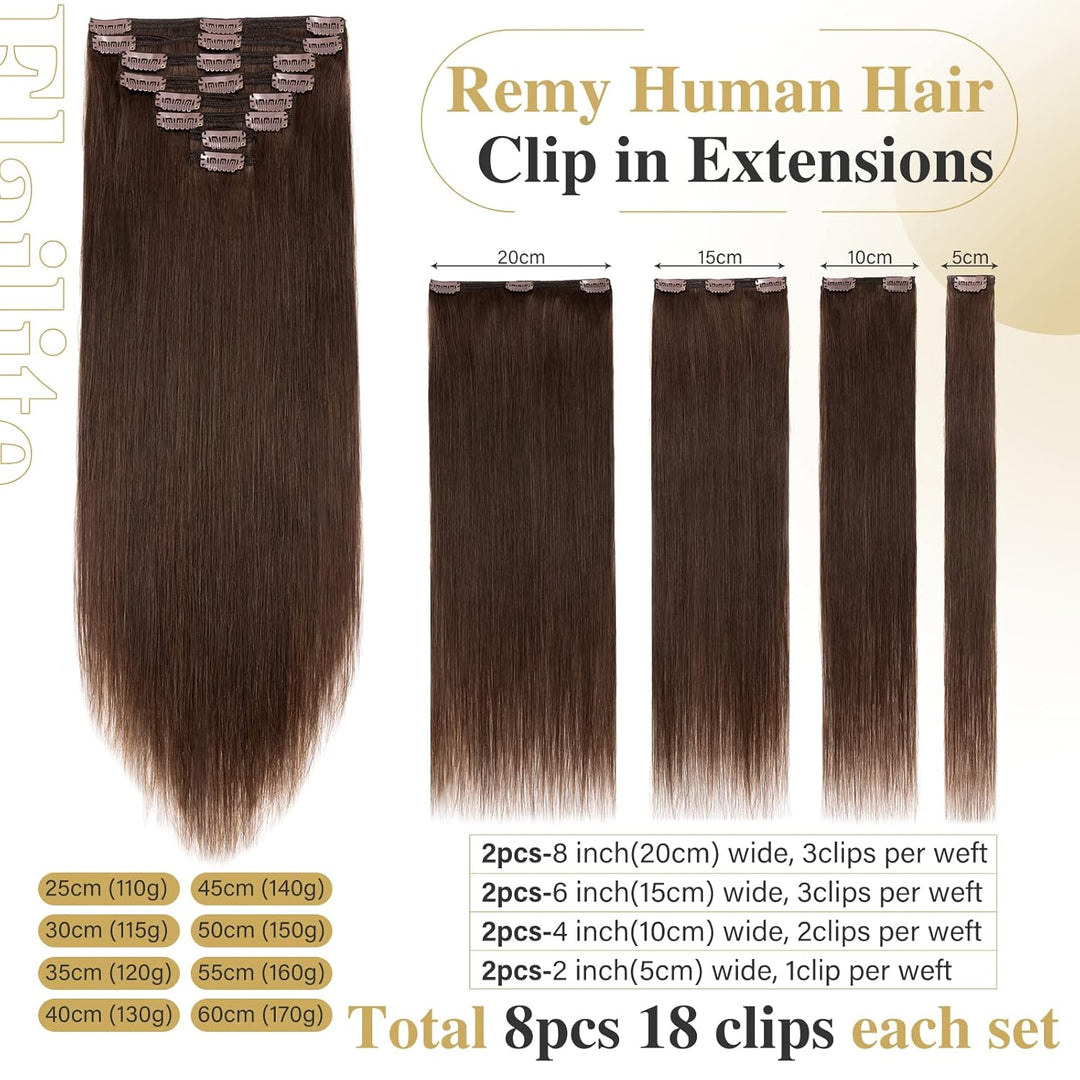 Elailite Extensions Echthaar Clip in 8 Tressen Voller Kopf #4 Mittel braun Haarverlängerung Real Hum