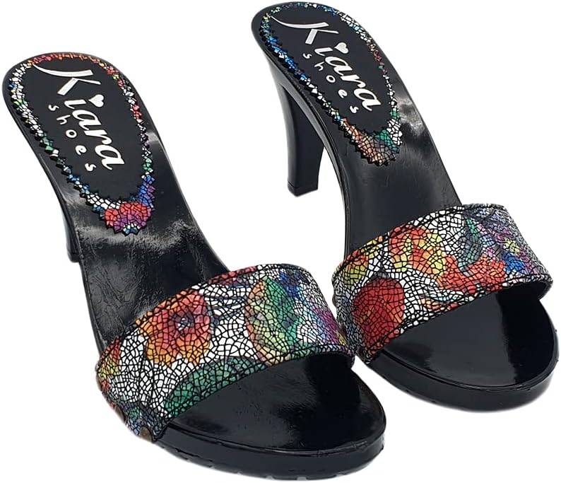 Kiara Shoes SCHWARZE Holzschuhe mit verziertem Lederobermaterial - 9 cm Absatz - K6503 PIC NERO (40