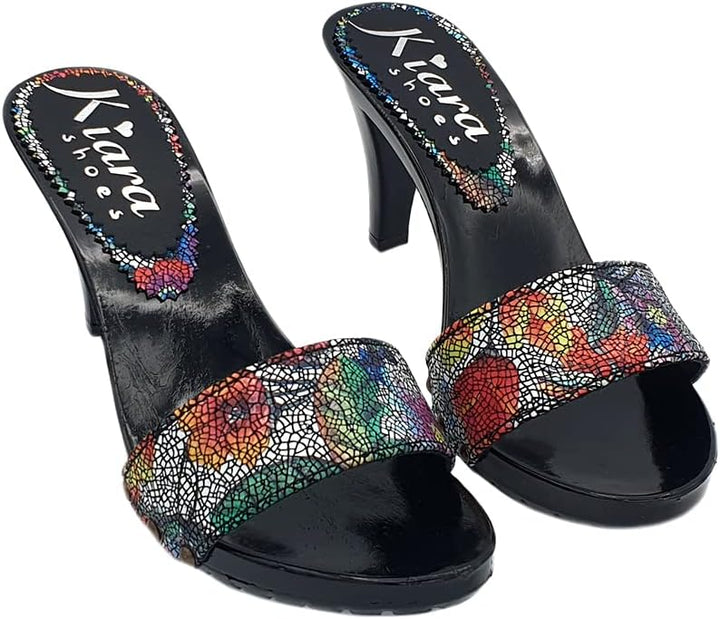 Kiara Shoes SCHWARZE Holzschuhe mit verziertem Lederobermaterial - 9 cm Absatz - K6503 PIC NERO (40