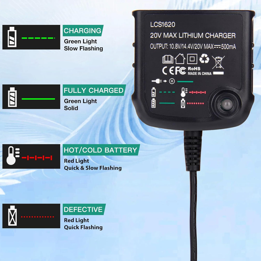 Li-ion Akku Ladegerät Ersatz LCS1620 Kompatibel mit Black & Decker Lithium-Akku 10,8V/14,4V/20V, LB2