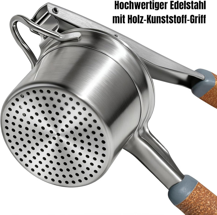 Kartoffelpresse Edelstahl mit fester Scheibe, Robuster Kartoffelstampfer mit Holz-Kunststoff-Griff,