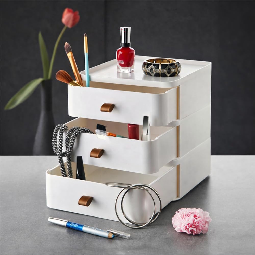 Sugodesign 3-Schubladen Schreibtisch-Organizer, Weiss mit Braunen Griffen, 20x20x22 cm, Aufbewahrung