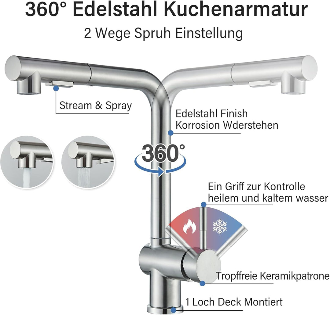 Rozin Küchenarmatur mit Brause Ausziehbar Edelstahl Gebürstetes Nickel 360 Grad Drehung Hochdruck Wa