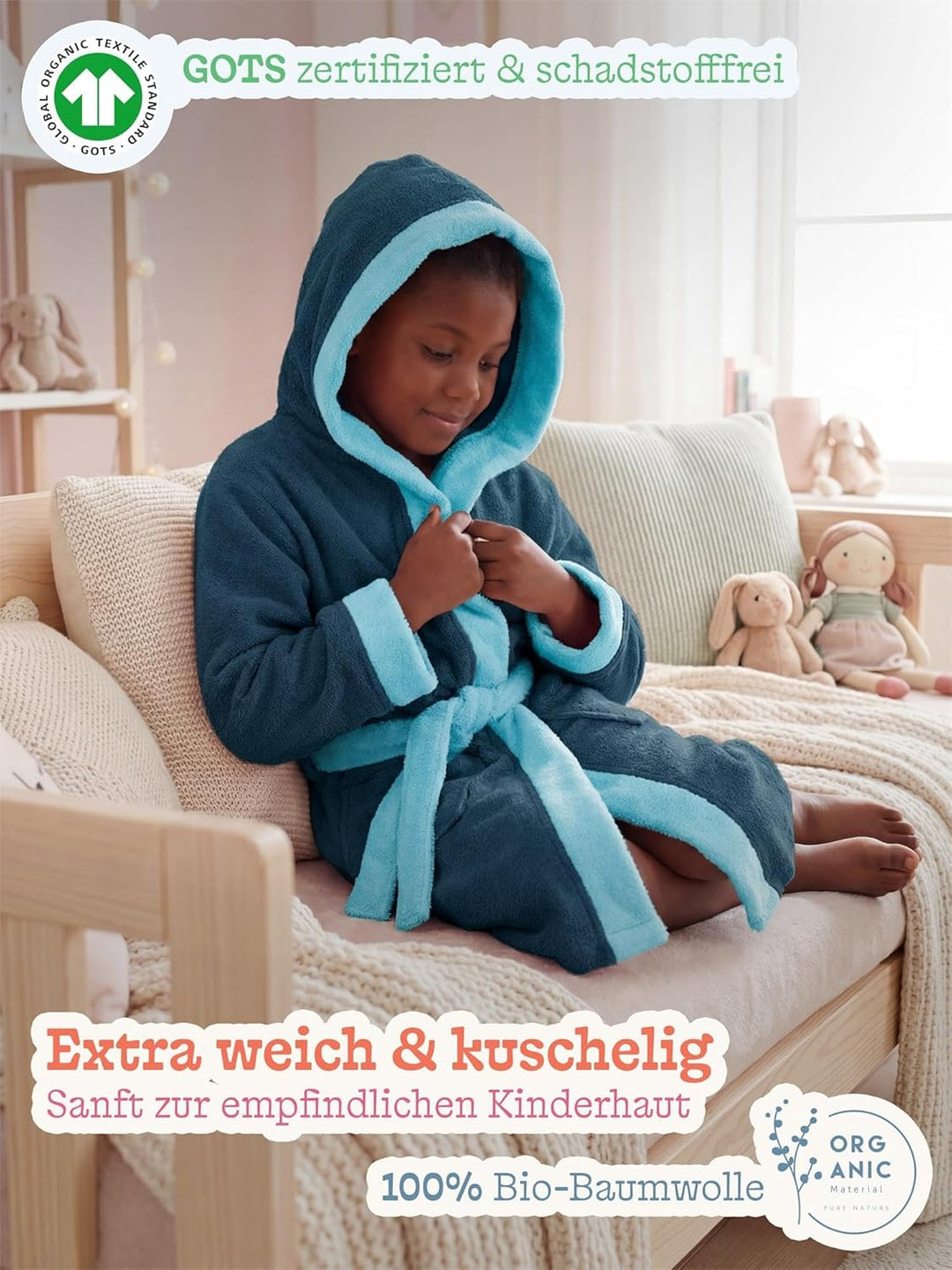 normani Kinder-Bademantel mit Kapuze aus 100% Bio-Baumwolle - für Jungen und Mädchen, 98-104 Blau