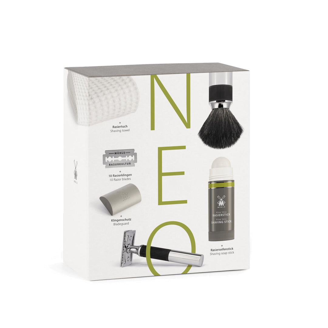 MÜHLE NEO Geschenkset - 15 tlg. unisex Rasier mit Rasierpinsel, Tuch, Klingenschutz, Seifenstick, 10
