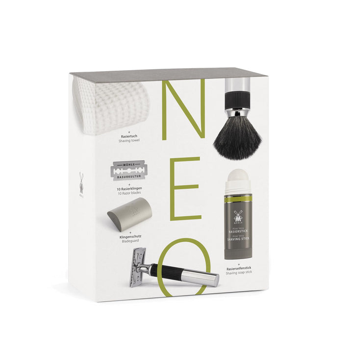 MÜHLE NEO Geschenkset - 15 tlg. unisex Rasier mit Rasierpinsel, Tuch, Klingenschutz, Seifenstick, 10