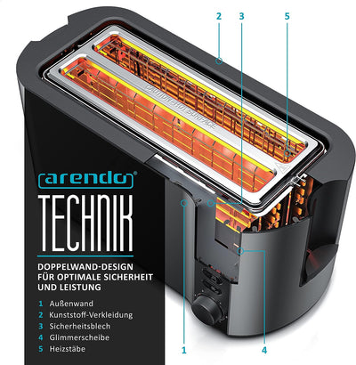 Arendo - Toaster Edelstahl Langschlitz 4 Scheiben - Doppelwandgehäuse - Integrierter Brötchenhalter