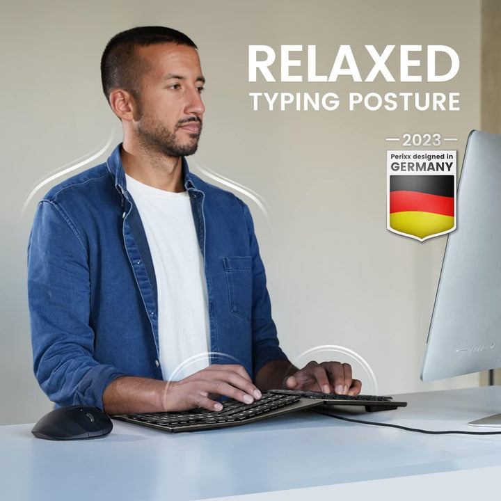 Perixx PERIBOARD535BL Kabelgebundene ergonomische mechanische Tastatur in voller Grösse – Flache Bla