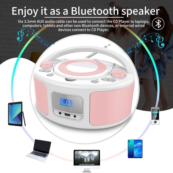 Tragbarer CD-Player Boombox mit Bluetooth | Fernsteuerung | FM-Radio | USB | MP3-Wiedergabe | Kompat