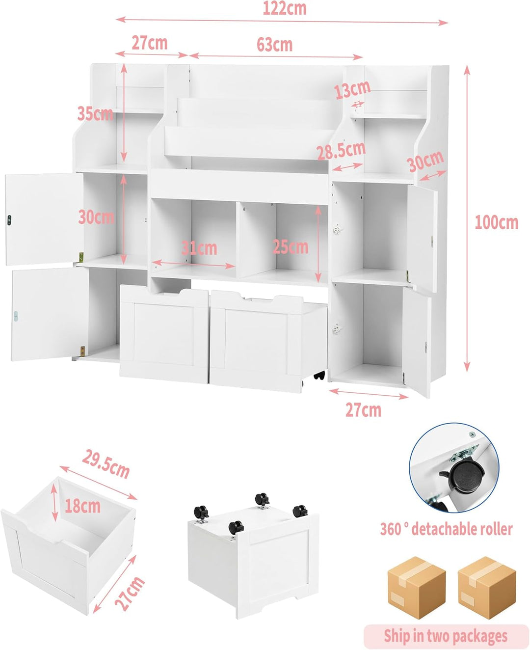 Kinder Bücherregal mit 2 Boxen Weiss Schmal Montessori Spielzeugregal für Kinderzimmer Aufbewahrung