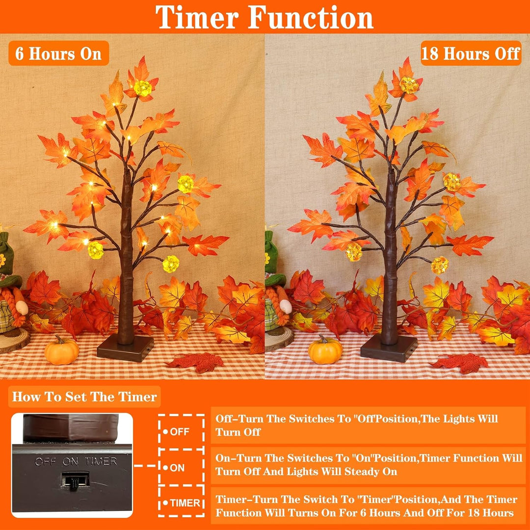 TURNMEON [ 2 Pack &amp; Timer 24 Inch Lighted Maple Tree Fall Decor, Total 48 LED Battery Operated Table
