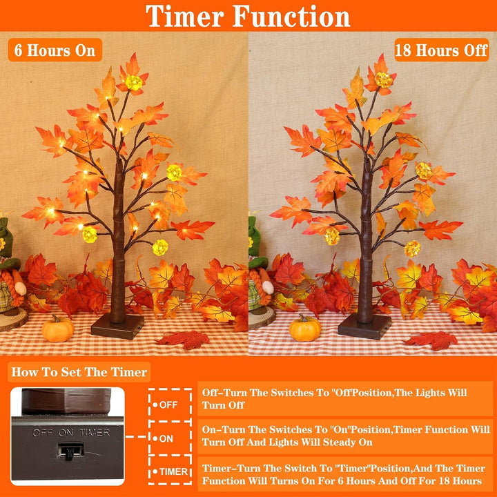 TURNMEON [ 2 Pack &amp; Timer 24 Inch Lighted Maple Tree Fall Decor, Total 48 LED Battery Operated Table