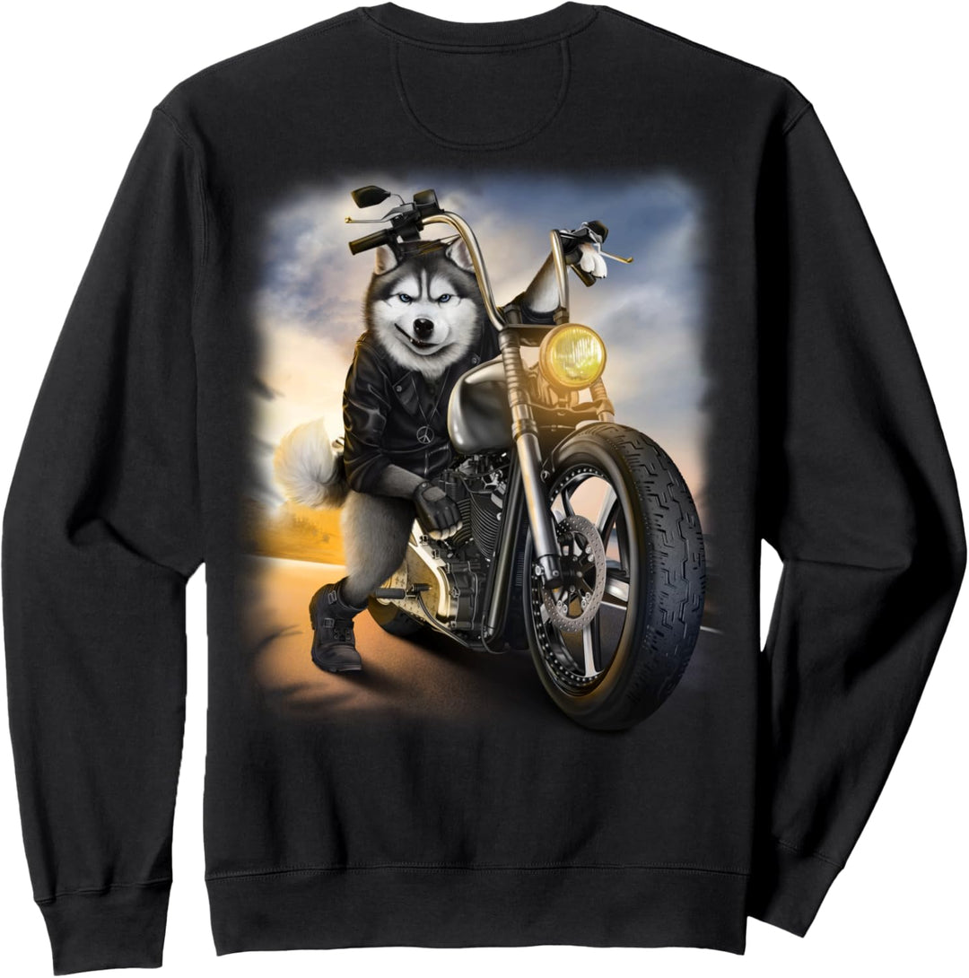 Siberian Husky Hund fährt ein Chopper Motorrad Sweatshirt